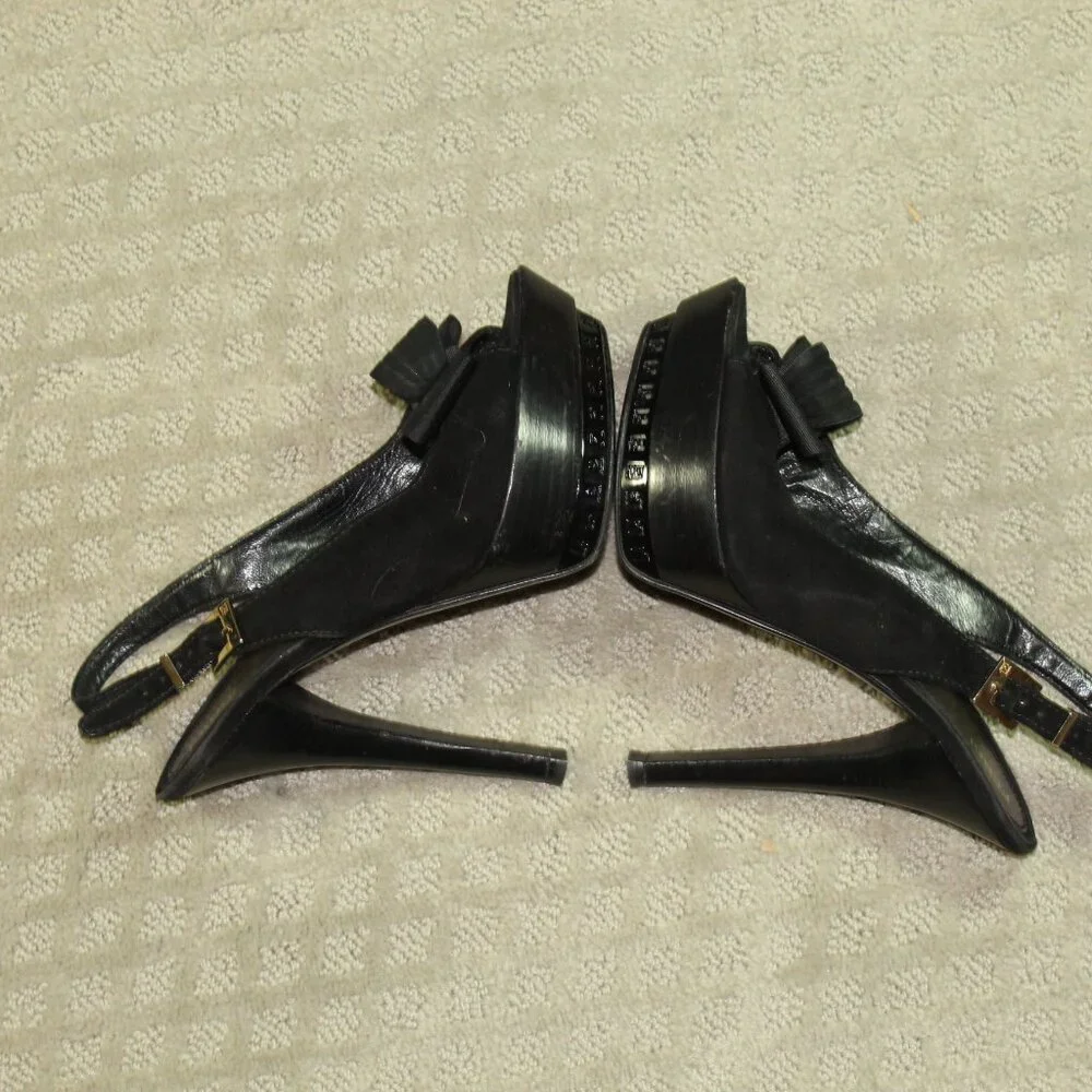 Fendi Black Suede Leather & Ribbon Bow Platform Sling Sandals Size 8 w/ COA